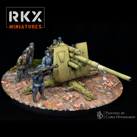 Canon Luftwaffe FLAK 36 de 88 mm avec son équipage, figurines en résine 28 mm de RKX Miniatures pour jeux de figurines historiques.