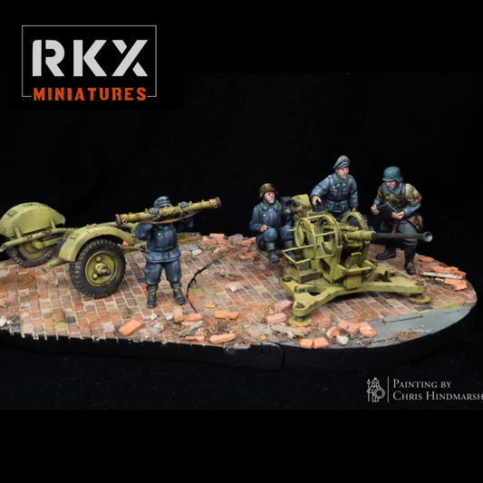 Canon Luftwaffe FLAK 38 de 20 mm avec son équipage, figurines en résine 28 mm de RKX Miniatures pour jeux de figurines historiques.