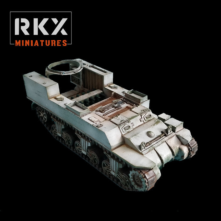 Maquette en résine du véhicule de transport de munitions américain M30 Cargo Carrier, châssis chenillé avec compartiment ouvert, échelle 28mm, design RKX Miniatures.