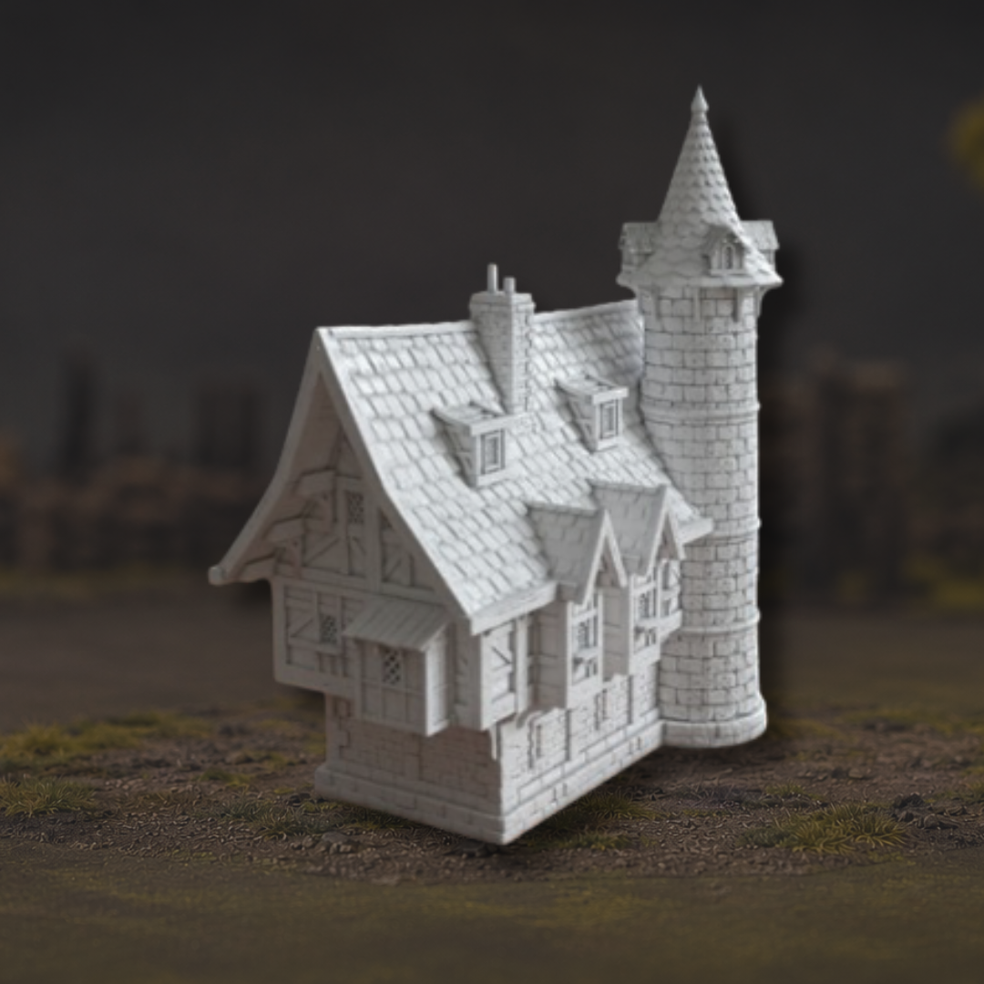 Décor de maison médiévale avec tour 28-32 mm pour table Mordheim et Age of Sigmar