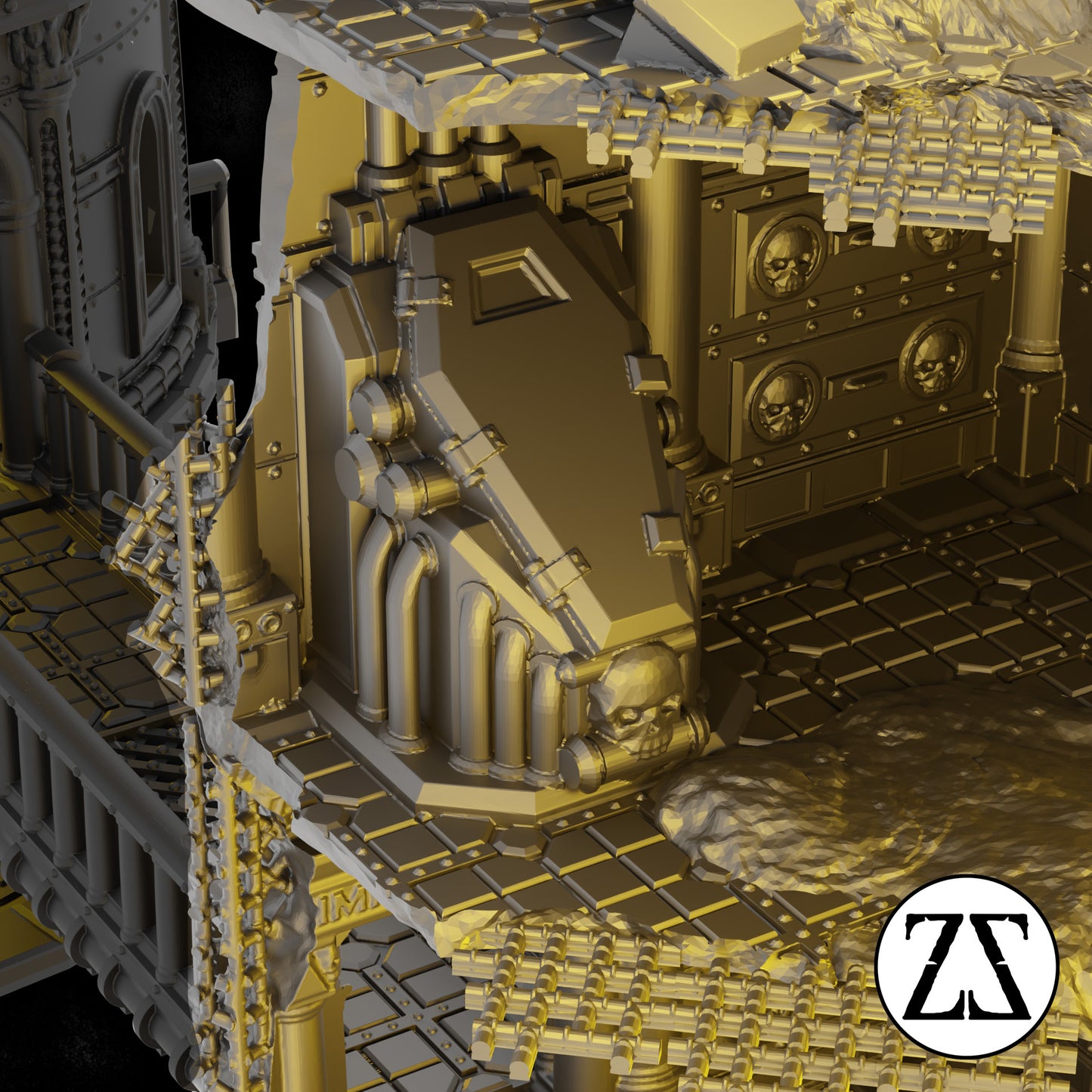 Gros plan sur les cryptes et éléments décoratifs du Mortuary Ruin pour table de wargame science-fiction.