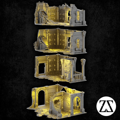 Vue intérieure du Mortuary Ruin montrant les différents étages accessibles et les détails architecturaux du décor.