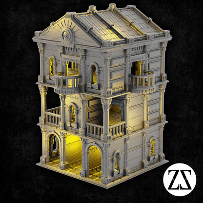 Vue en perspective du bâtiment Mortuary pour table de jeu science-fiction 28 à 32 mm.