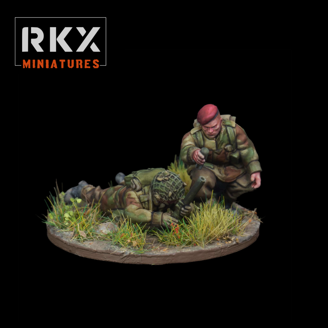 Équipe de mortier 2-inch de parachutistes britanniques en 28 mm par RKX Miniatures, pour Bolt Action, Chain of Command et Battlegroup. Figurines de jeux