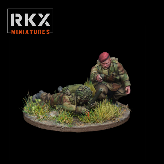 Équipe de mortier 2-inch de parachutistes britanniques en 28 mm par RKX Miniatures, pour Bolt Action, Chain of Command et Battlegroup. Figurines de jeux