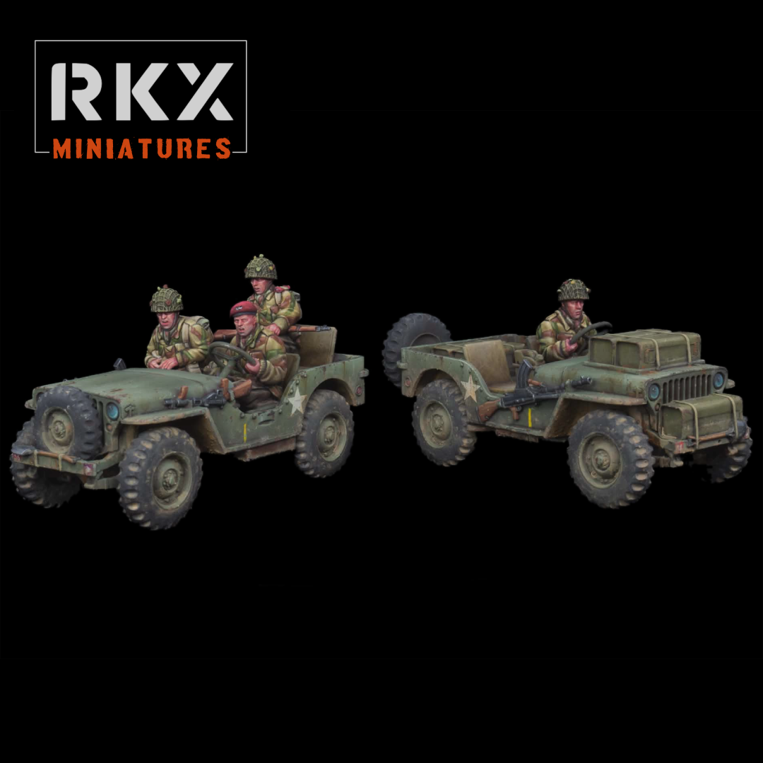 Pack de 2 Para Jeeps British Airborne 28 mm RKX Miniatures pour parachutistes britanniques et wargames WW2.