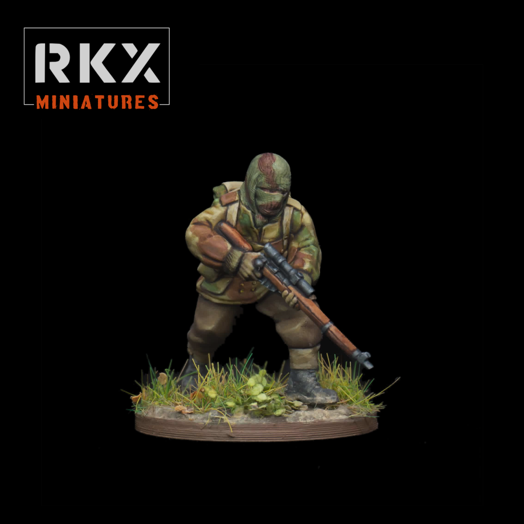 Para Sniper parachutiste britannique 28 mm avec fusil à lunette, figurine RKX Miniatures pour wargames WW2 et Bolt Action.