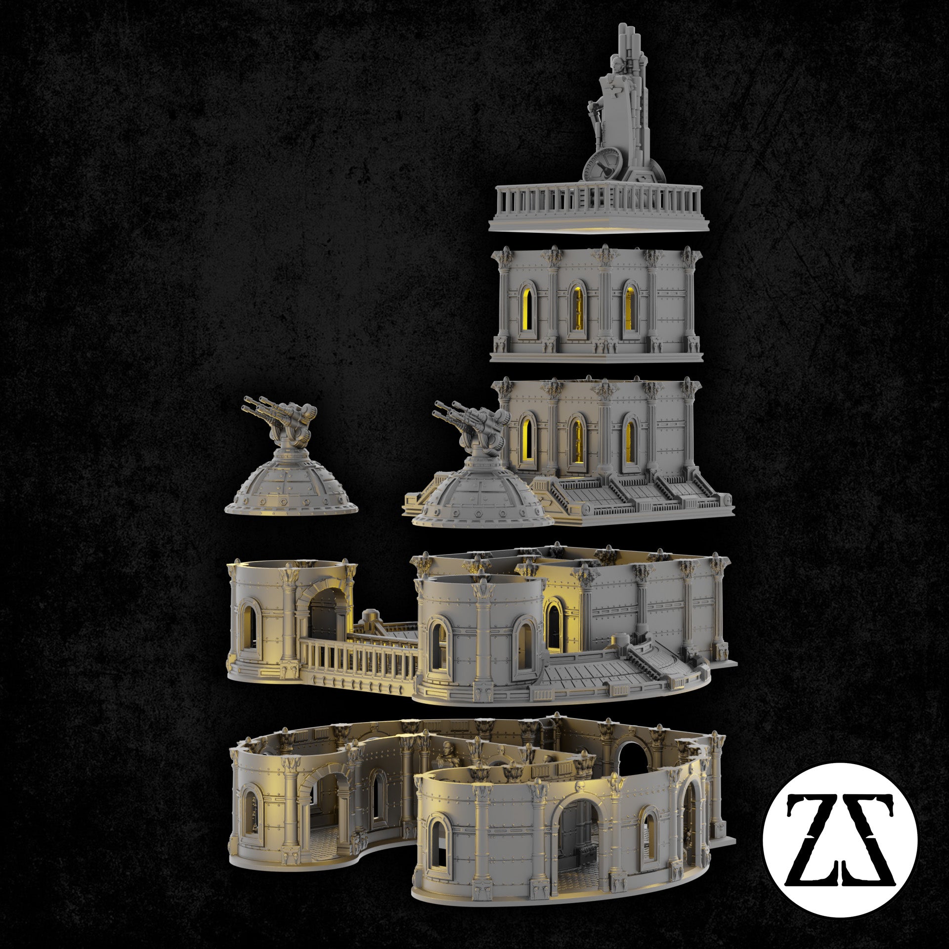 Praetors Palace démonté présentant les différents modules assemblables du palais impérial futuriste.