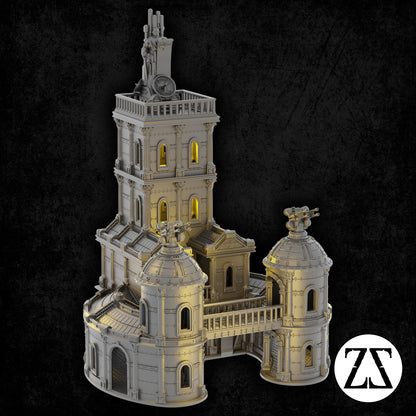 Praetors Palace, palais impérial futuriste monumental avec tours et passerelles pour jeux de figurines 28 à 32 mm.