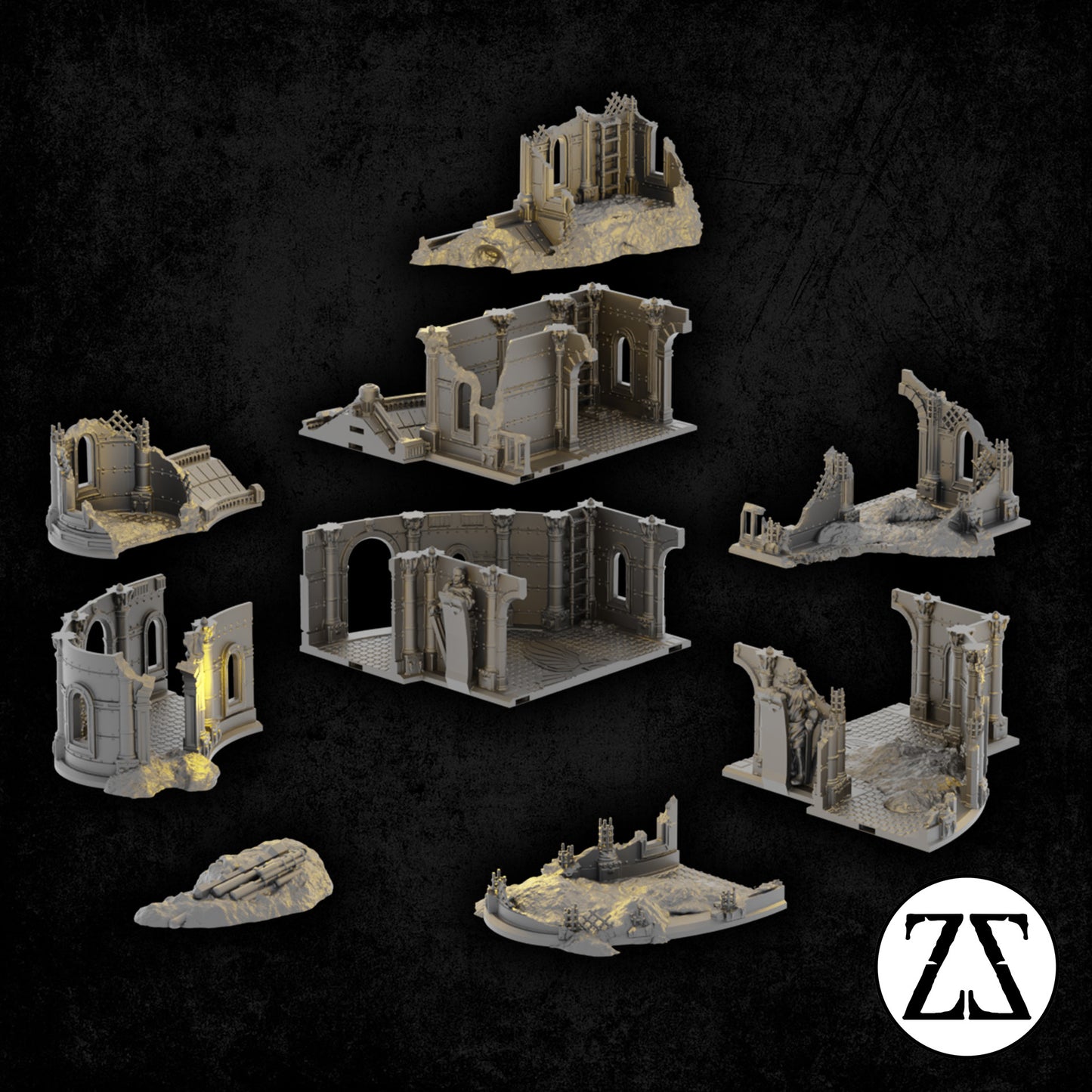 Vue éclatée du Praetors Palace Ruin présentant les différents modules assemblables du palais impérial détruit.