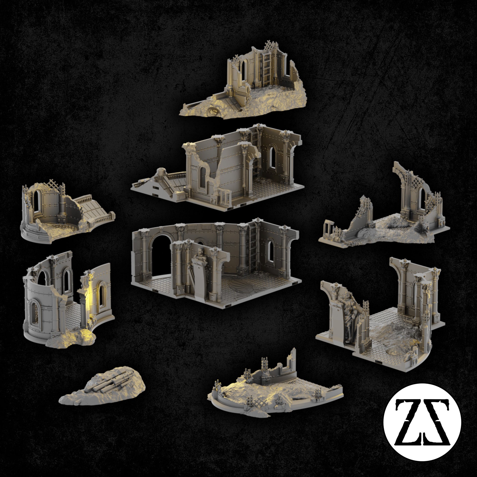 Vue éclatée du Praetors Palace Ruin présentant les différents modules assemblables du palais impérial détruit.