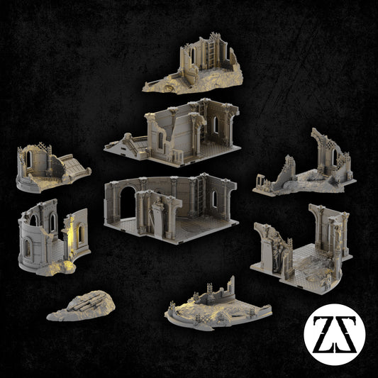 Vue éclatée du Praetors Palace Ruin présentant les différents modules assemblables du palais impérial détruit.