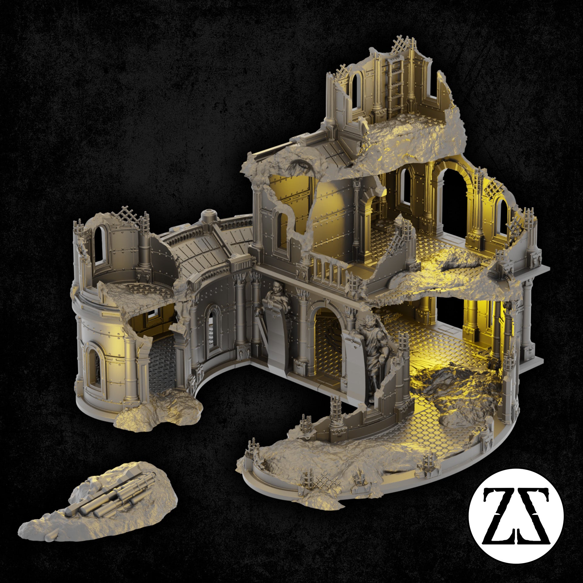 Praetors Palace Ruin, palais impérial futuriste en ruine avec plusieurs niveaux jouables pour jeux de figurines 28 à 32 mm.