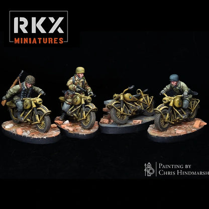 Moto BMW R75 avec side-car et équipage Fallschirmjäger pour Bolt Action, véhicule de reconnaissance parachutiste allemand en résine impression 3D, échelle 28mm 1/56, peinture Chris Hindmarsh.
