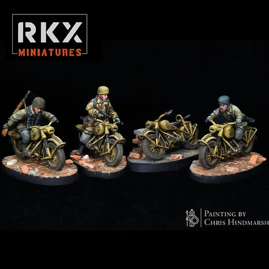 Moto BMW R75 avec side-car et équipage Fallschirmjäger pour Bolt Action, véhicule de reconnaissance parachutiste allemand en résine impression 3D, échelle 28mm 1/56, peinture Chris Hindmarsh.