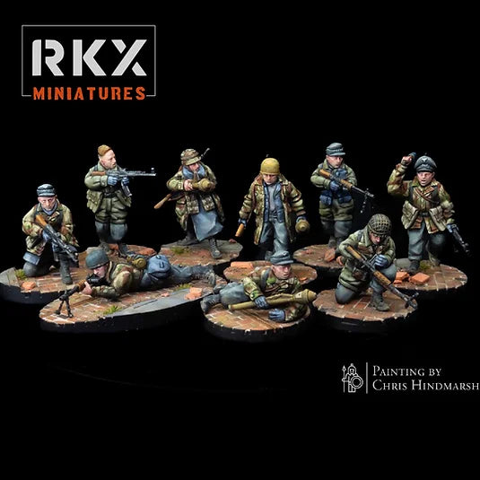 Escouade d'armes mixtes Fallschirmjäger Mixed Weapons Squad pour Bolt Action, figurines 28mm 1/56 en impression 3D résine, peinture historique par Chris Hindmarsh.