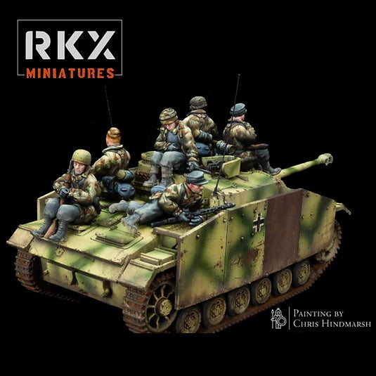 Passagers de char Fallschirmjäger Tank Riders pour Bolt Action, figurines de parachutistes allemands assis en résine impression 3D, échelle 28mm 1/56, peinture Chris Hindmarsh.