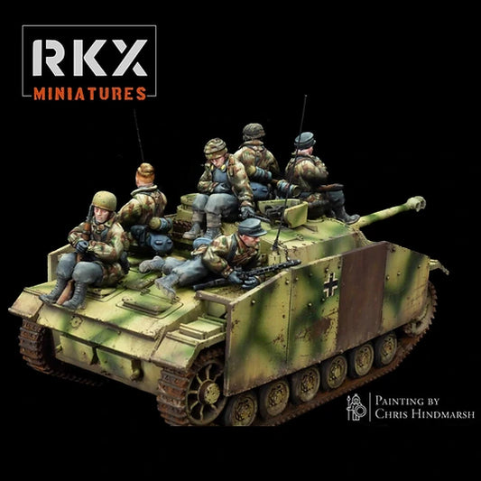 Passagers de char Fallschirmjäger Tank Riders pour Bolt Action, figurines de parachutistes allemands assis en résine impression 3D, échelle 28mm 1/56, peinture Chris Hindmarsh.