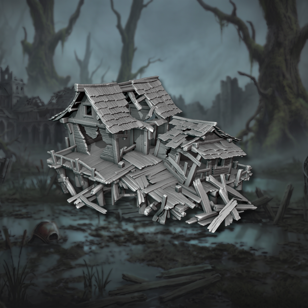 Impression 3D en plastique PLA du grand bâtiment double sur pilotis Cursed Ruined Hut avec toits et pontons effondrés, pour wargames et MESBG, design Ashfall Chronicles.