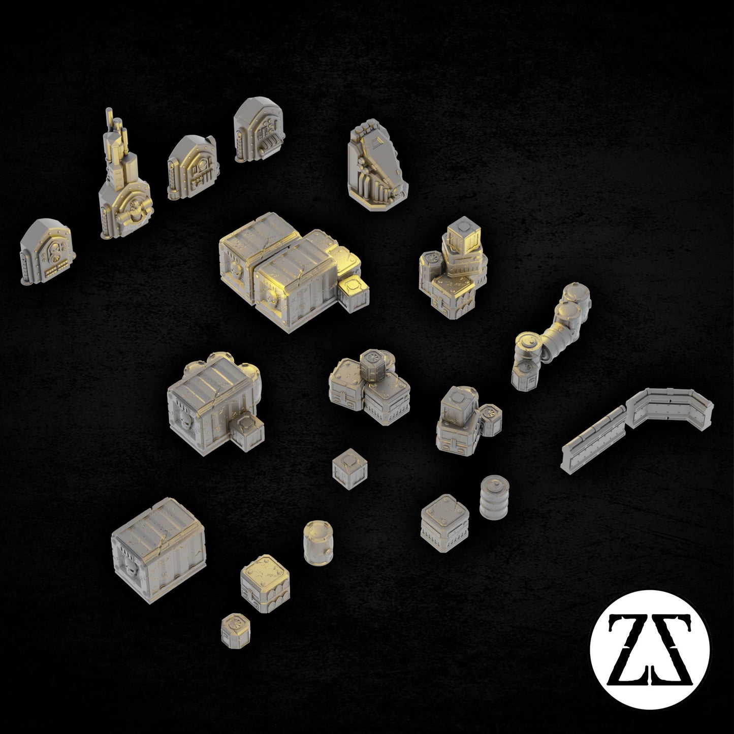 Ensemble d'accessoires Scatter Terrain comprenant caisses, conduites, barrières et équipements futuristes pour jeux de figurines 28 à 32 mm.