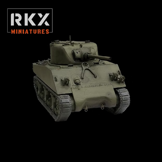 Maquette en résine peinte du char moyen américain Sherman M4A3(75)W en version tardive avec stockage 'Wet', design par RKX Miniatures.