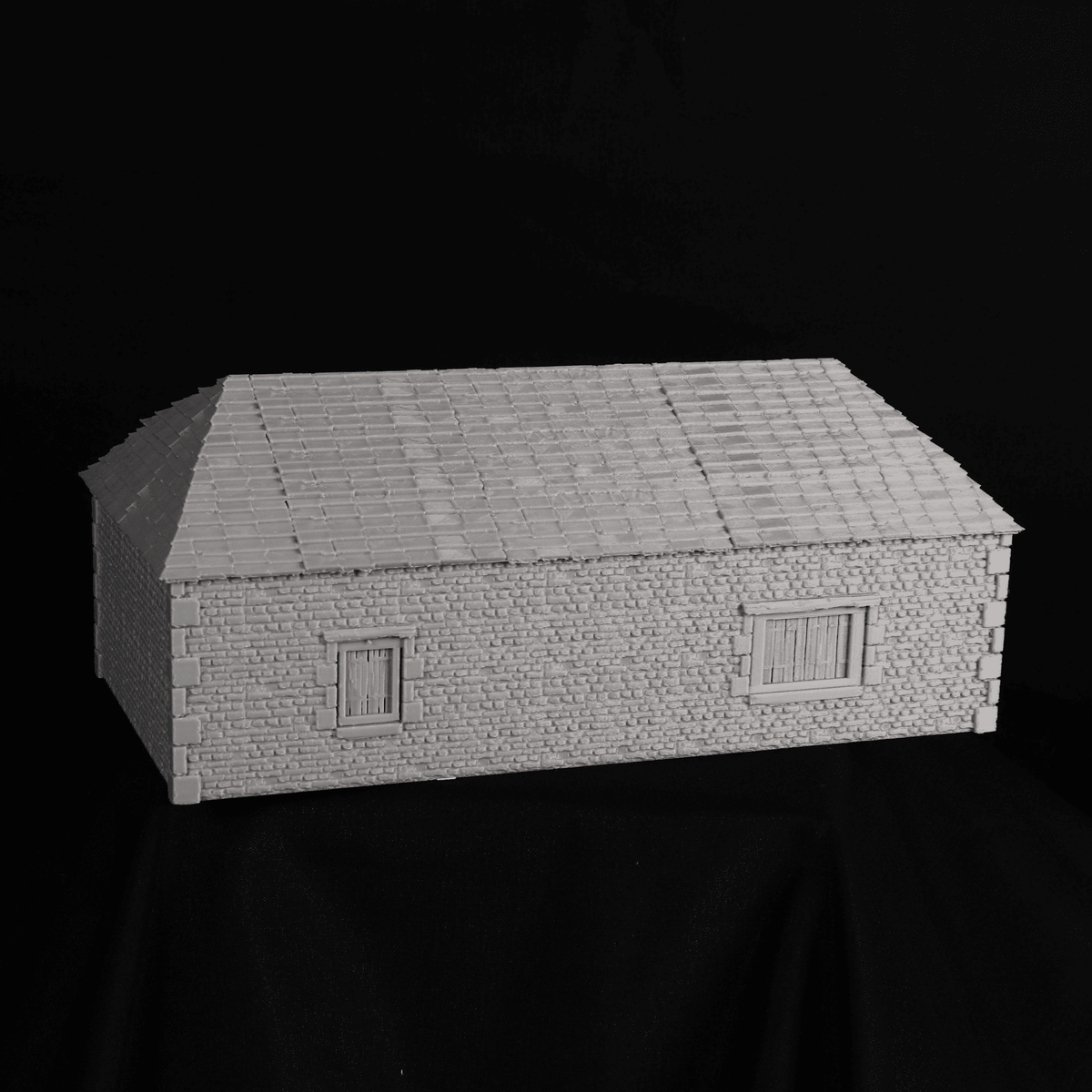 Vue en angle de la Small Stable, bâtiment agricole pour ferme et table de jeu historique en 28 mm en impression 3d pour jeux de figurines historique 