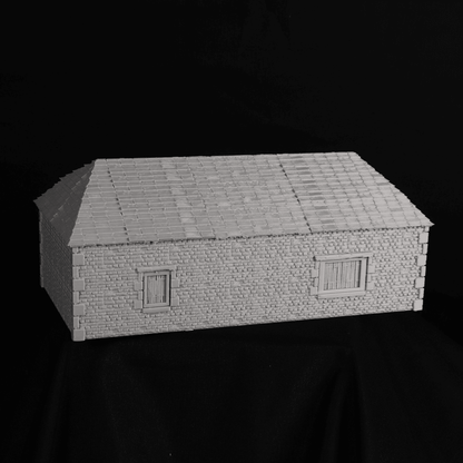 Vue en angle de la Small Stable, bâtiment agricole pour ferme et table de jeu historique en 28 mm en impression 3d pour jeux de figurines historique 