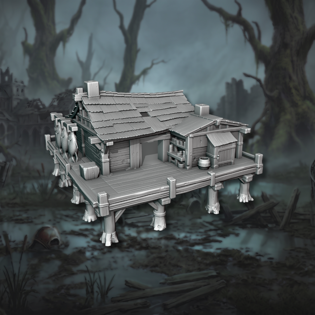 Impression 3D en plastique PLA du bâtiment sur pilotis Smoked House avec poissons suspendus et terrasses, pour wargames de fantasy et MESBG, design Ashfall Chronicles.