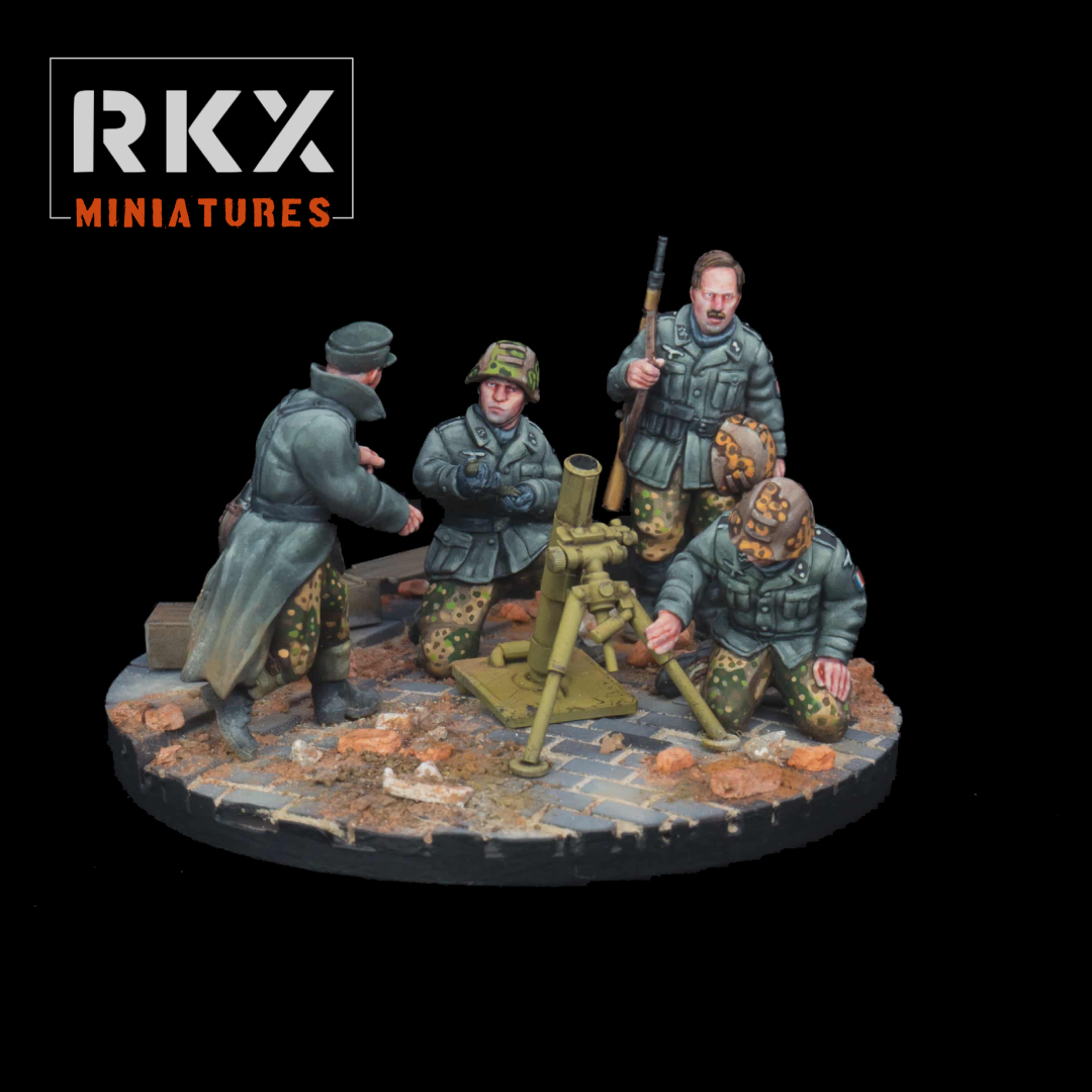 SS Charlemagne Mortar Team de RKX Miniatures, équipe de mortier allemande en résine 28 mm pour jeux de figurines historiques.