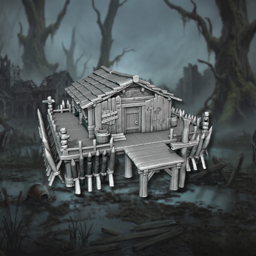 Impression 3D en plastique PLA du bâtiment sur pilotis Supply Store entouré d'une palissade de pieux défensifs, pour wargames de fantasy et MESBG, design Ashfall Chronicles.