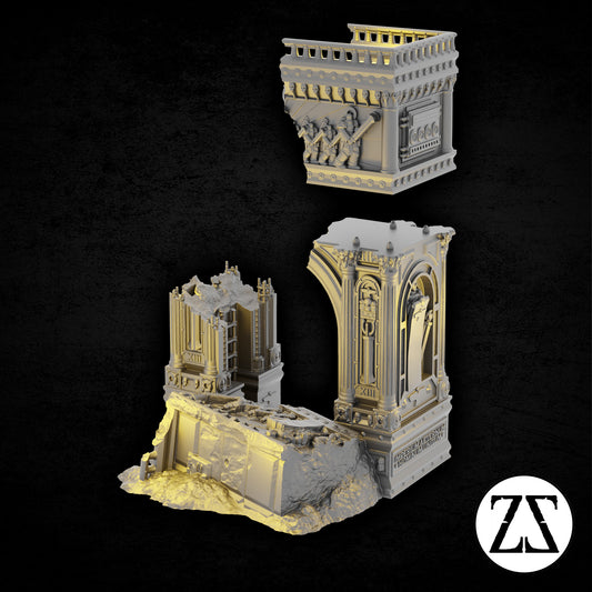 Ruines du Triumvate Arch avec fragments monumentaux et gravats pour table de jeu science-fiction.