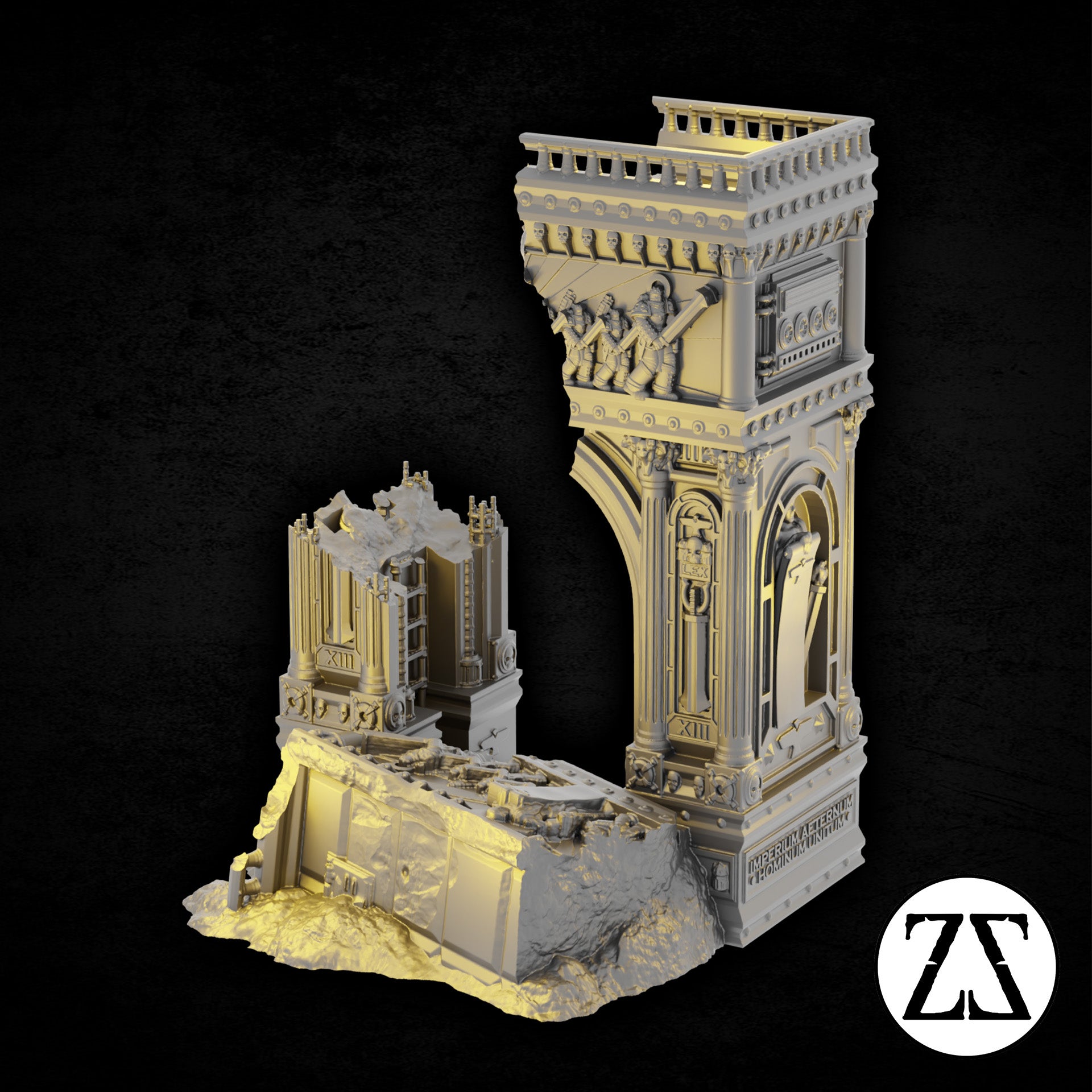 Ruines du Triumvate Arch avec fragments monumentaux et gravats pour table de jeu science-fiction.