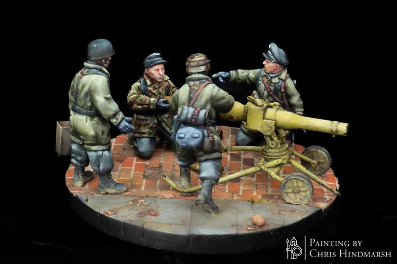Servants d'artillerie allemande LG40 en position de combat, figurines d'élite pour scénarios Bolt Action et Chain of Command, détails de l'équipement et des munitions en impression 3D.
