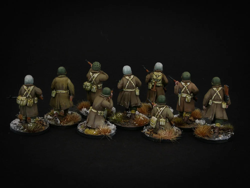 Détails des paquetages et manteaux de l'infanterie US d'hiver, figurines 28mm pour wargame.