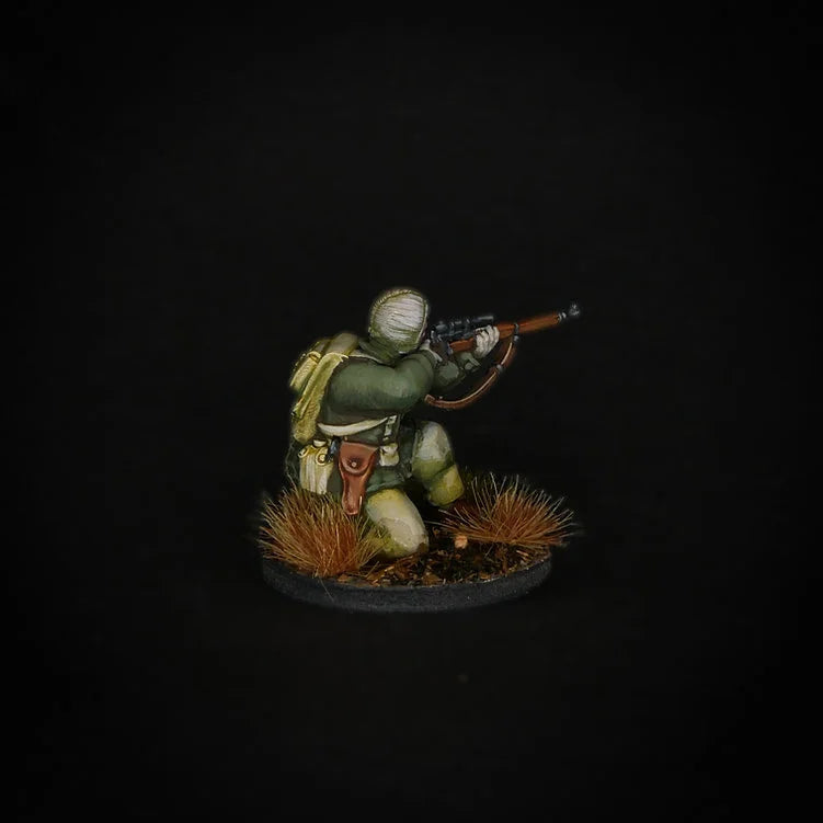 Détail du paquetage et de l'équipement hivernal du sniper US, figurine 28mm.