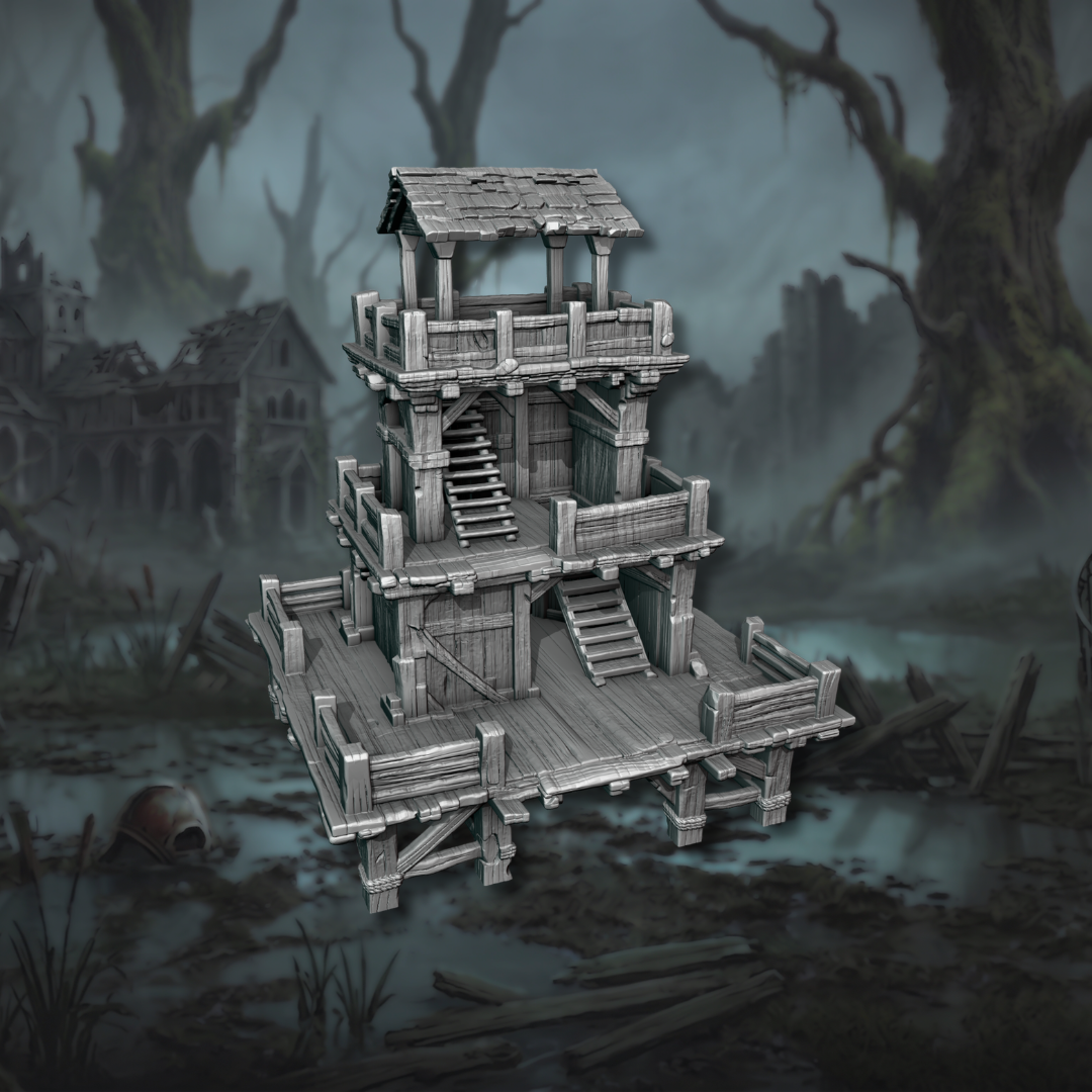 Impression 3D en plastique PLA du grand bâtiment de surveillance Watchtower sur trois niveaux avec escaliers et pilotis, pour wargames et MESBG, design Ashfall Chronicles.