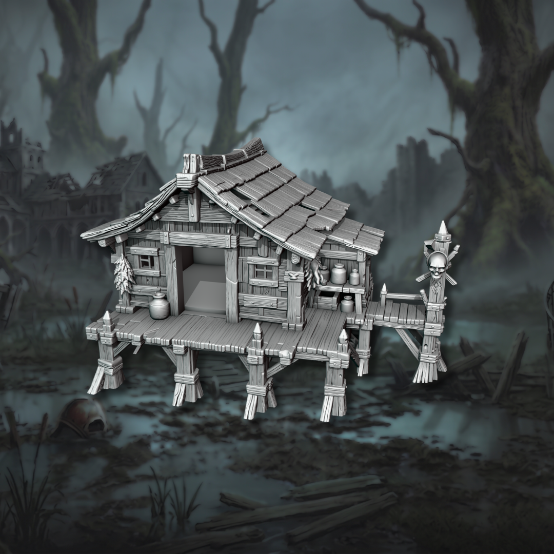 Décor imprimé en 3D en plastique de la cabane de sorcière Witch Hut sur pilotis, idéal comme maison lacustre pour MESBG, design Ashfall Chronicles.