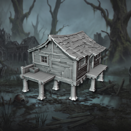 Impression 3D en plastique PLA de la cabane sur pilotis Worker Living Hut avec petites plateformes latérales, pour wargames de fantasy et MESBG, design Ashfall Chronicles.
